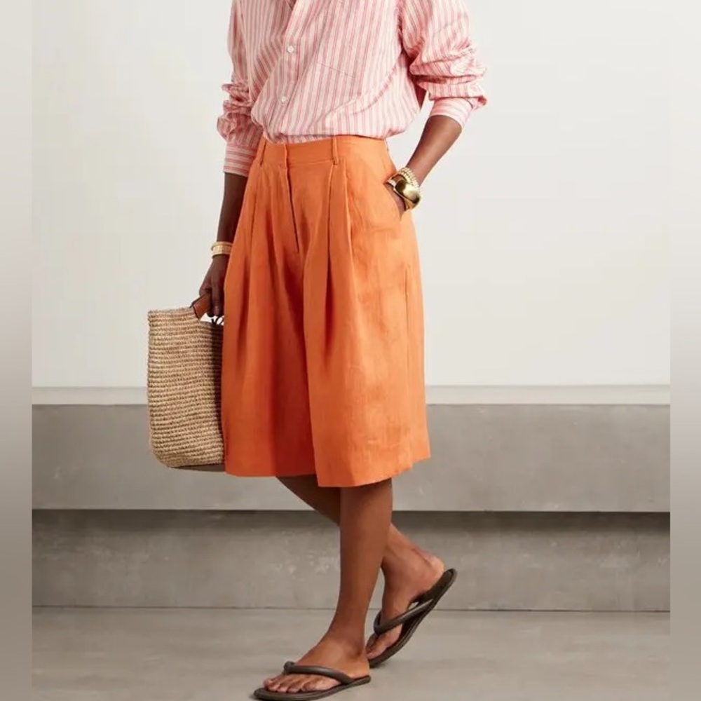 New STAUD Cruz Orange Pleated Bermuda Linen Shorts 2 4
